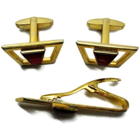 Dante Vintage Red Stone Cufflink Set Clasp Neck Tie Clip Gold Tone Shirt Tux - Picture 3 of 12